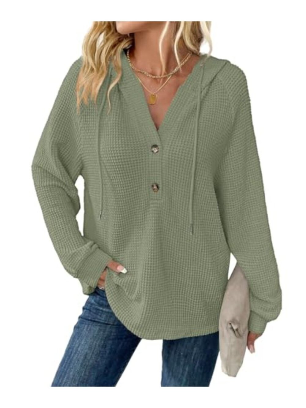 Waffle Knit Hoodie V Neck Button Down Oversized Sweatshirt